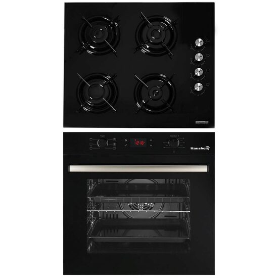 Hausberg Einbaupaket Elektrobackofen HB-8054NG, Klasse A, 71L, 2225W, Schwarz, Einbaukochfeld HB-563NG, 4 Brenner, Gas, Glas, Schwarz