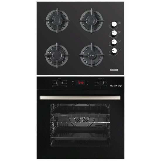 Hausberg Einbau-Elektrobackofen HB-8054NG, Klasse A, 71L, 2225W, Schwarz, Einbaukochfeld HB-567NG, Gas, 4 Brenner, GAS-Sicherheitssystem, Gusseisengrill, Glasmaterial, Schwarz