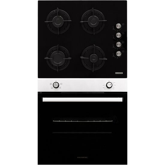 Einbaupaket HAUSBERG Elektrobackofen HB-8051IN, 2000 W, 76 l, 4 Funktionen, Klasse A, Kochfeld HB-567NG, Gas, 4 Brenner, GAS-Sicherheitssystem, Gusseisengrill, Glasmaterial, Schwarz/Edelstahl