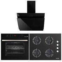 Einbaupaket HAUSBERG Elektrobackofen HB-8054NG, Klasse A, 71L, 2225W, Glas, Thermostat, Timer, 7 Funktionen, Lüftung, Kochfeld HB-567NG, Gas, 4 Brenner, Sicherheit, Gusseisen, Dekorative Haube HB-1385, 650 mc/h, 60 cm, Touch, Aluminiumfilter, Schwarz
