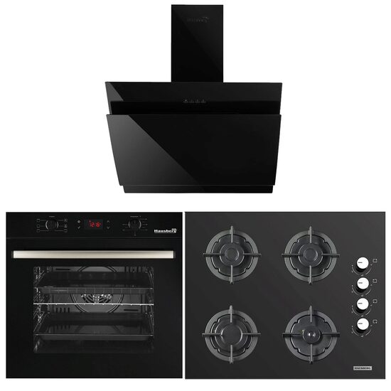 Einbaupaket HAUSBERG Elektrobackofen HB-8054NG, Klasse A, 71L, 2225W, Glas, Thermostat, Timer, 7 Funktionen, Lüftung, Kochfeld HB-567NG, Gas, 4 Brenner, Sicherheit, Gusseisen, Dekorative Haube HB-1385, 650 mc/h, 60 cm, Touch, Aluminiumfilter, Schwarz