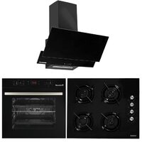 Einbaupaket HAUSBERG Elektrobackofen HB-8054NG, Klasse A, 71L, 2225W, Isolierglas, Thermostat, Timer, 7 Funktionen, Umluft, Kochfeld HB-563, Gas, 4 Brenner, Glas, Dekorhaube HB-1805NG, 60 cm, 450m3/h, Aluminiumfilter, Schwarz