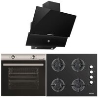 Einbaupakete HAUSBERG Backofen HB-8051IN, Elektro, 2000 W, 76 l, 4 Funktionen, Klasse A, Kochfeld HB-567NG, Gas, 4 Brenner, GAS-Sicherheit, Gusseisen, Glas, Dekorative Haube HB-2285NG, 60 cm, Aluminiumfilter, Schwarz/Edelstahl