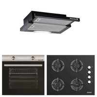 Hausberg Einbaubackofen-Paket HB-8051IN, Elektro, 2000 W, 76 l, 4 Funktionen, Kochfeld HB-567NG, Elektrozündung, Gas, 4 Brenner, Sicherheitssystem, Gusseisen, Glas, Teleskophaube HB-1285NG, 420 m3/h, 2 Motoren, 60 cm, Klasse A, Schwarz