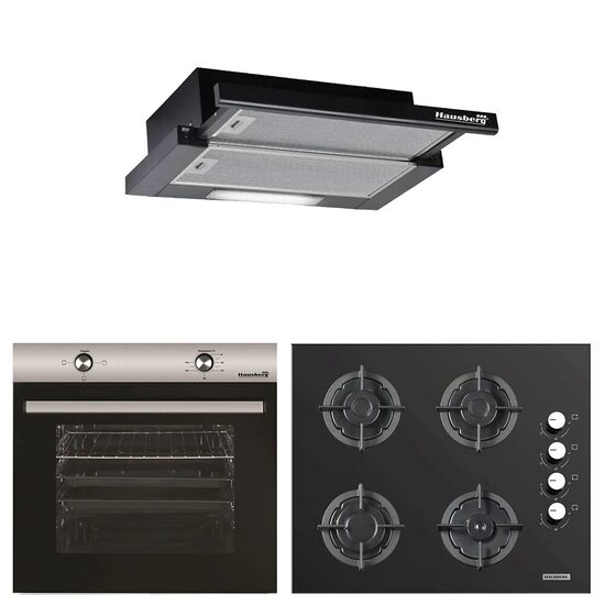 Hausberg Einbaubackofen-Paket HB-8051IN, Elektro, 2000 W, 76 l, 4 Funktionen, Kochfeld HB-567NG, Elektrozündung, Gas, 4 Brenner, Sicherheitssystem, Gusseisen, Glas, Teleskophaube HB-1285NG, 420 m3/h, 2 Motoren, 60 cm, Klasse A, Schwarz