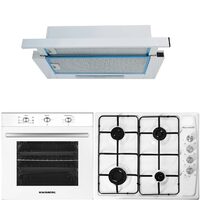 Einbaupaket Hausberg HB-8053AB, Elektrisch, Leistung 2225 W, 71 l, 6 Funktionen, Umluft, Timer, Klasse A, Einbaukochfeld HB-561, Gas, 4 Brenner, Teleskophaube HB-1280, Saugleistung 280m3/h, 1 Motor, 60 cm, Weiß
