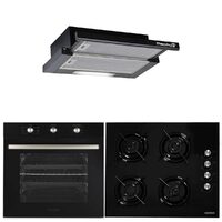 Hausberg HB-8053NG Einbaupaket, Elektro, 2225 W, 71 l, 6 Funktionen, Umluft, Timer, Klasse A, Einbaukochfeld HB563NG, 4 Brenner, Gas, Glas, Schwarz, Teleskop-Einbauhaube HB1285NG, Saugleistung 420 m³/h, 2 Motoren