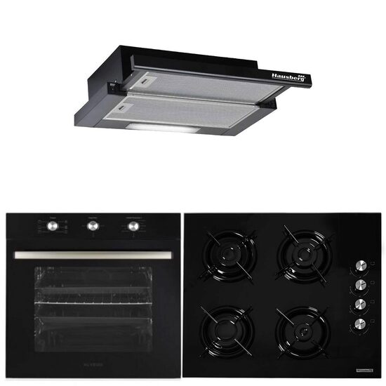 Hausberg HB-8053NG Einbaupaket, Elektro, 2225 W, 71 l, 6 Funktionen, Umluft, Timer, Klasse A, Einbaukochfeld HB563NG, 4 Brenner, Gas, Glas, Schwarz, Teleskop-Einbauhaube HB1285NG, Saugleistung 420 m³/h, 2 Motoren