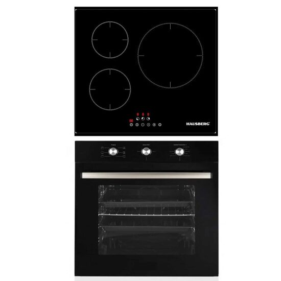 Einbau-Paket Backofen Hausberg HB-8053NG, Elektrisch, Leistung 2225 W, 71 l, 6 Funktionen, Umluft, Timer, Klasse A, Einbaukochfeld Hausberg HB1530, Elektrisch, Induktion, 3 Kochzonen, PowerBoost, 60 cm, Schwarz