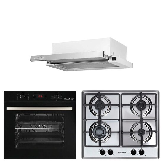Einbaupaket HAUSBERG Elektrobackofen HB-8054NG, Fassungsvermögen 71L, 2225W, 7 Funktionen, Umluft, Gaskochfeld HB-555, 4 Brenner, Teleskophaube HB-1285IN, 420 m3/h Absorption, 2 Motoren, Schwarz-Edelstahl