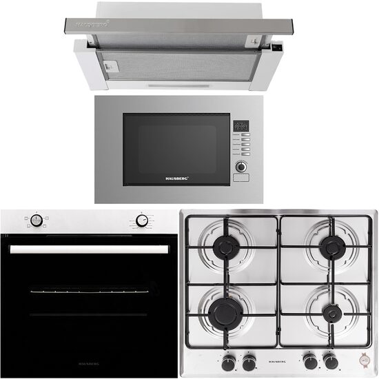 Einbaupaket HAUSBERG Elektrobackofen HB-8051IN, 2000W, 4 Funktionen, 76L, Gaskochfeld HB-555, 4 Brenner, elektrische Zündung, Teleskophaube HB-1285IN, Absorption 420 m3/h, 2 Motoren, 60cm, Mikrowellenherd HB-8065IN, 1200W, 20L, Edelstahl