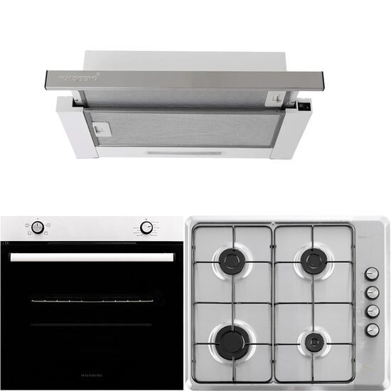 Hausberg HB-8051IN Einbaubackofen-Paket, Elektro, Leistung 2000 W, 76 l, 4 Funktionen, Klasse A, HB-580IN Kochfeld, elektrische Zündung, Gas, 4 Brenner, Sicherheitssystem, HB-1285IN Teleskophaube, Absorption 420 m3/h, 2 Motoren, 60 cm, Schwarz-Edelstahl