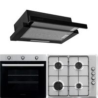 Einbaupaket Hausberg Backofen HB-8053IN, Elektro, Leistung 2225 W, 71 l, 6 Funktionen, Umluft, Timer, Klasse A, Kochfeld HB-580IN, Elektrozündung, Gas, 4 Brenner, Sicherheit, Schwarz-Edelstahl Haube HB-1285NG, 420 m3/h, 2 Motoren, 60 cm, Schwarz-Edelstahl