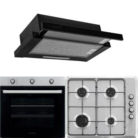 Einbaupaket Hausberg Backofen HB-8053IN, Elektro, Leistung 2225 W, 71 l, 6 Funktionen, Umluft, Timer, Klasse A, Kochfeld HB-580IN, Elektrozündung, Gas, 4 Brenner, Sicherheit, Schwarz-Edelstahl Haube HB-1285NG, 420 m3/h, 2 Motoren, 60 cm, Schwarz-Edelstahl