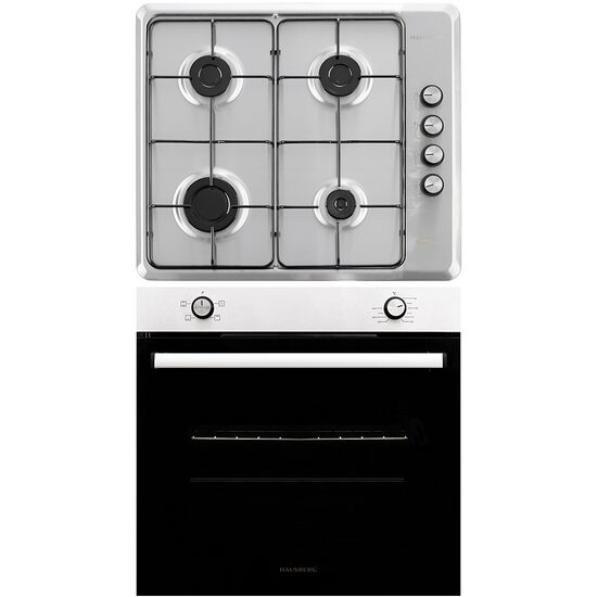Paket Einbaubackofen Hausberg HB-8051IN, Elektro, Leistung 2000 W, 76 l, 4 Funktionen, Klasse A, Einbaukochfeld HAUSBERG HB-580IN, Elektrozündung, Gas, 4 Brenner, Sicherheitssystem, Schwarz-Edelstahl