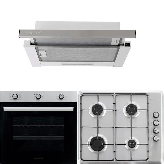 Einbaupaket Hausberg Backofen HB-8053IN, Elektro, Leistung 2225 W, 71 l, 6 Funktionen, Umluft, Timer, Klasse A, Kochfeld HB-580IN, Elektrozündung, Gas, 4 Brenner, Sicherheit, Schwarz-Edelstahl Haube HB-1285IN, 420 m3/h, 2 Motoren, 60 cm, Schwarz-Edelstahl