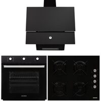 Einbaupaket Hausberg Backofen HB-8053NG, Elektro, Leistung 2225 W, 71 l, 6 Funktionen, Umluft, Timer, Kochfeld HB-563NG, 4 Gasbrenner, Dekorative Haube HB-2285NG, 163W, Aluminiumfilter, 650 m3/h, 60cm, Schwarz