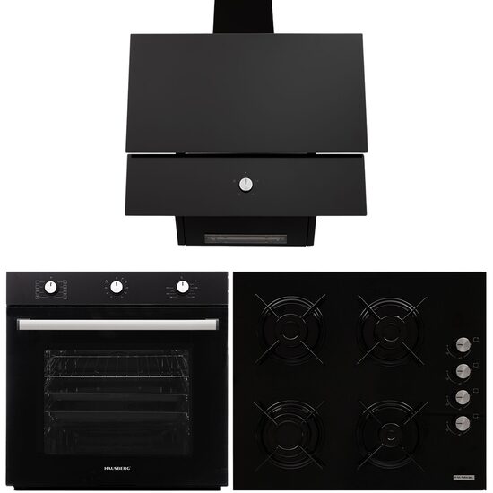 Einbaupaket Hausberg Backofen HB-8053NG, Elektro, Leistung 2225 W, 71 l, 6 Funktionen, Umluft, Timer, Kochfeld HB-563NG, 4 Gasbrenner, Dekorative Haube HB-2285NG, 163W, Aluminiumfilter, 650 m3/h, 60cm, Schwarz