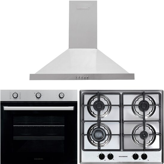 Four encastrable Hausberg HB-8053IN, électrique, puissance 2225 W, 71 l, 6 fonctions, ventilation, minuterie, plaque de cuisson encastrable HB-556IN, gaz, 4 brûleurs, sécurité GAZ, fonte, hotte décorative HB-1260, absorption 450 m3/h, 1 moteur, 60 cm, acier inoxydable