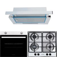 Hausberg Einbau-Paketbackofen HB-8051IN, Elektro, Leistung 2000 W, 76 l, 4 Funktionen, Einbaukochfeld HB-556IN, Gas, 4 Brenner, GAS-Sicherheitssystem, Gusseisen, Teleskophaube HB-1280, Absorption 280 m3/h, 1 Motor, 60 cm Edelstahl-Weiß