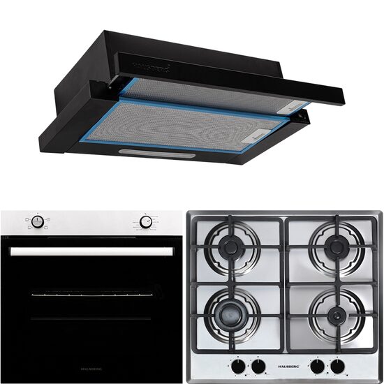 HAUSBERG Einbau-Paketbackofen HB-8051IN, Elektro, Leistung 2000 W, 76 l, 4 Funktionen, Einbaukochfeld HB-556IN, Gas, 4 Brenner, GAS-Sicherheitssystem, Gusseisen, Edelstahl, Teleskophaube HB-1285NG, Absorption 420 m3/h, 2 Motoren, 60 cm, Edelstahl-Schwarz