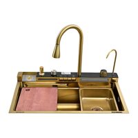 HAUSBERG HBC-9955AU Multifunktions-Spülenset aus Edelstahl, Doppelhahn, gelochte Obst-/Gemüseschale, Universalbecken mit Ablaufstopfen, Zerkleinerer, 750x460x220 mm, Zubehör inklusive, Gold
