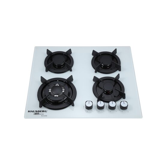 Plaque de cuisson encastrable Hausberg HB-560AB, 3 feux standards + 1 brûleur WOK, allumage électrique, support en fonte, couvercle de brûleur en fer, gaz, blanc