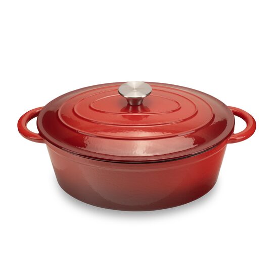 Emaillierter Gusseisentopf mit Deckel HAUSBERG HB-H750, Fassungsvermögen 4,5L, Durchmesser 30x23 cm, Tiefe 12 cm, Antihaftbeschichtung, Rot