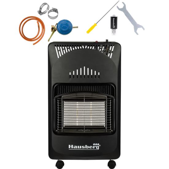 Paket LPG-Gasherd Hausberg HB-1010NG, Piezozündung, 4,2kW, Schwarz, Flaschenuhr, 1m Gasschlauch MN2015 und 2 Schlauchschellen