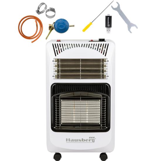 Ensemble cuisinière à gaz GPL (bouteille) et électrique Hausberg HB-1020AB, allumage piézo-électrique, 4,2 kW, blanc, horloge à bouteille, 1 m de tuyau de gaz MN2015 et 2 colliers de serrage