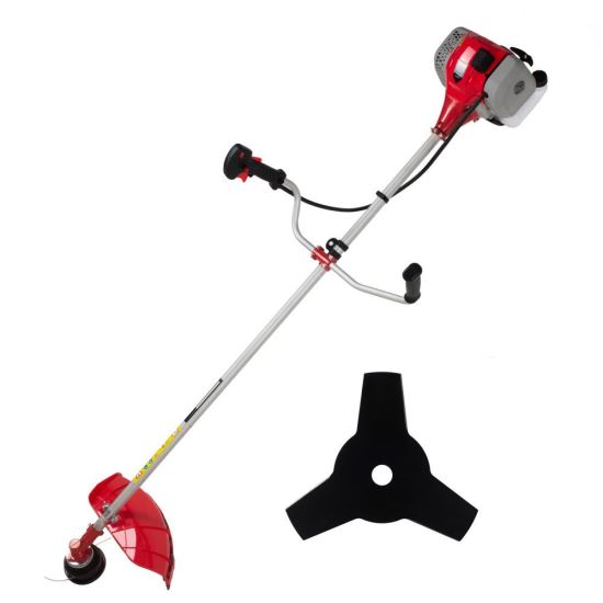 Kosiarka Tatta TM44-5, 52 cm3, 4,76 KM, obroty silnika pod obciążeniem 9000 obr/min, obroty na biegu jałowym 3000 obr/min, zbiornik 1200 ml, 1500 mm