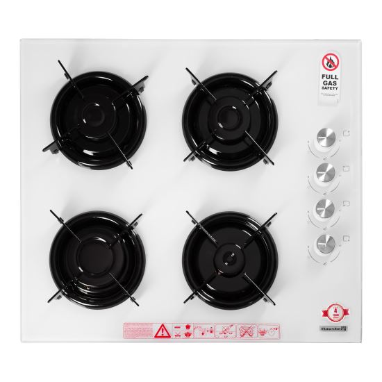 Plaque de cuisson encastrable Hausberg HB-563AB, gaz, 4 feux, allumage électrique, blanc