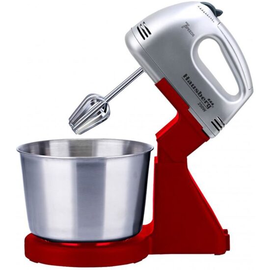 HAUSBERG HB-3551RS Schüsselmixer, 7 Geschwindigkeiten, 250 W Leistung, 2 l Edelstahlschüssel, Rot