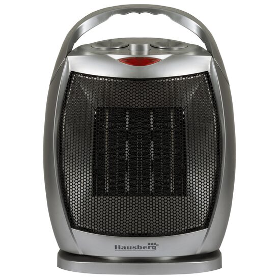 HAUSBERG HB-8770 Keramik-Heizlüfter, 1500 W, regelbarer Thermostat, 2 Geschwindigkeiten, Ventilatorfunktion, Absturzsicherung, geräuschlos, Tragegriff, silber
