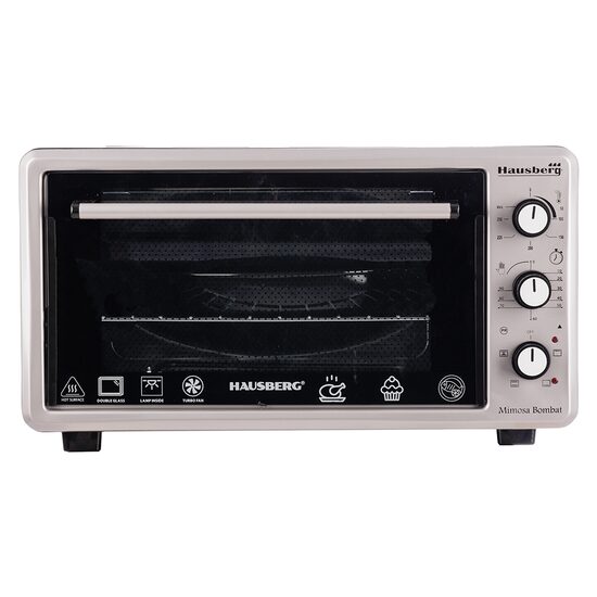 HAUSBERG HB-8015 Elektrischer Umluftofen, 1800 W, Doppelglas, 48 l, Innenbeleuchtung, Timer, 5 Garprogramme, regelbarer Thermostat 250 Grad, Edelstahl/Schwarz