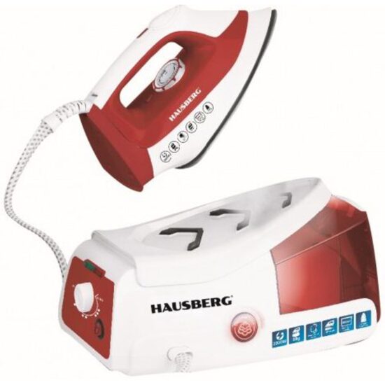 Station de repassage HAUSBERG HB-7920RS, 2200 W, 68 g/min, 1000 ml, anticalcaire, thermostat, semelle céramique, rouge-blanc