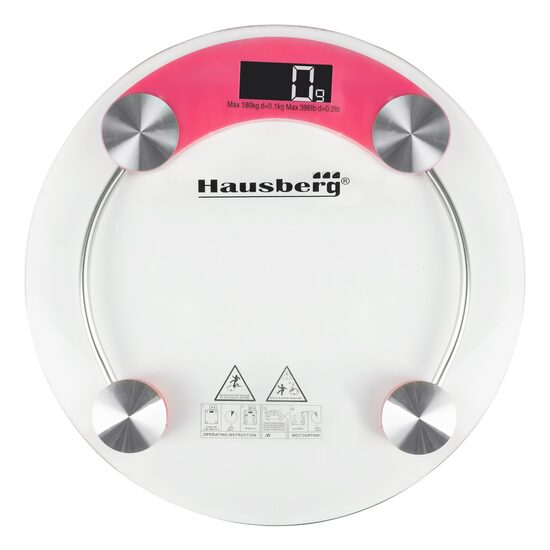 HAUSBERG HB-6000RZ Körperwaage, LCD-Display, automatische Abschaltung, Batterieanzeige, 180 kg, Transparentes Glas, Pink