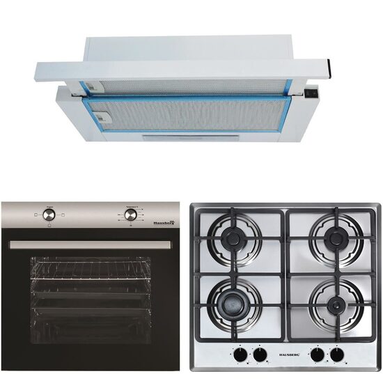 Built-in package Electric oven Hausberg HB-8051IN, Class A, 76L, 2000W, Black/Stainless Steel Built-in hob HB-555, 4 burners, Gas, Stainless Steel Built-in telescopic hood HB-1280, Absorption power 280 m3/h, 1 motor, 60 cm, White