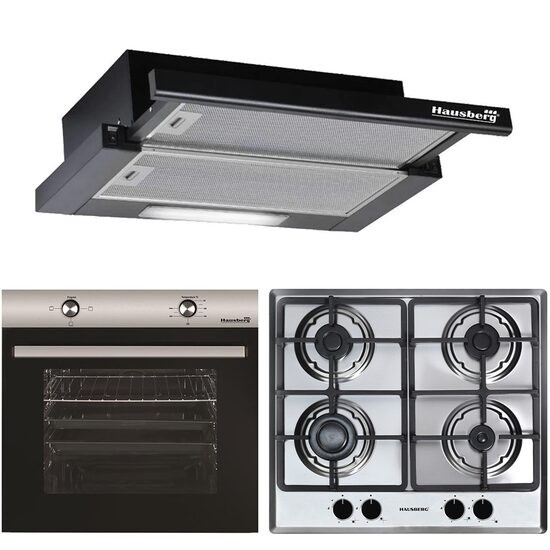 Built-in package Hausberg Electric oven HB-8051IN, Class A, 76L, 2000W, Black/Stainless steel Built-in hob HB-555, 4 burners, Gas, Stainless steel, Built-in telescopic hood HB-1285NG, Absorption power 420 m3/h, 2 motors, 60 cm, Black